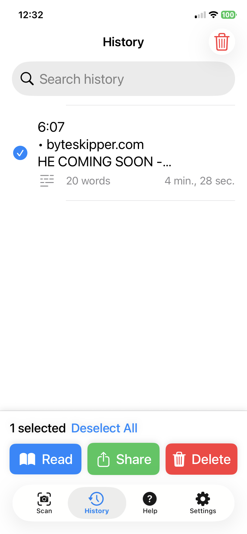Export screenshot showing history with Read, Share and Delete options